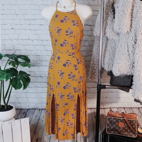 Xhilaration Dresses & Skirts - Mustard Yellow Floral Pattern High Neck Slit